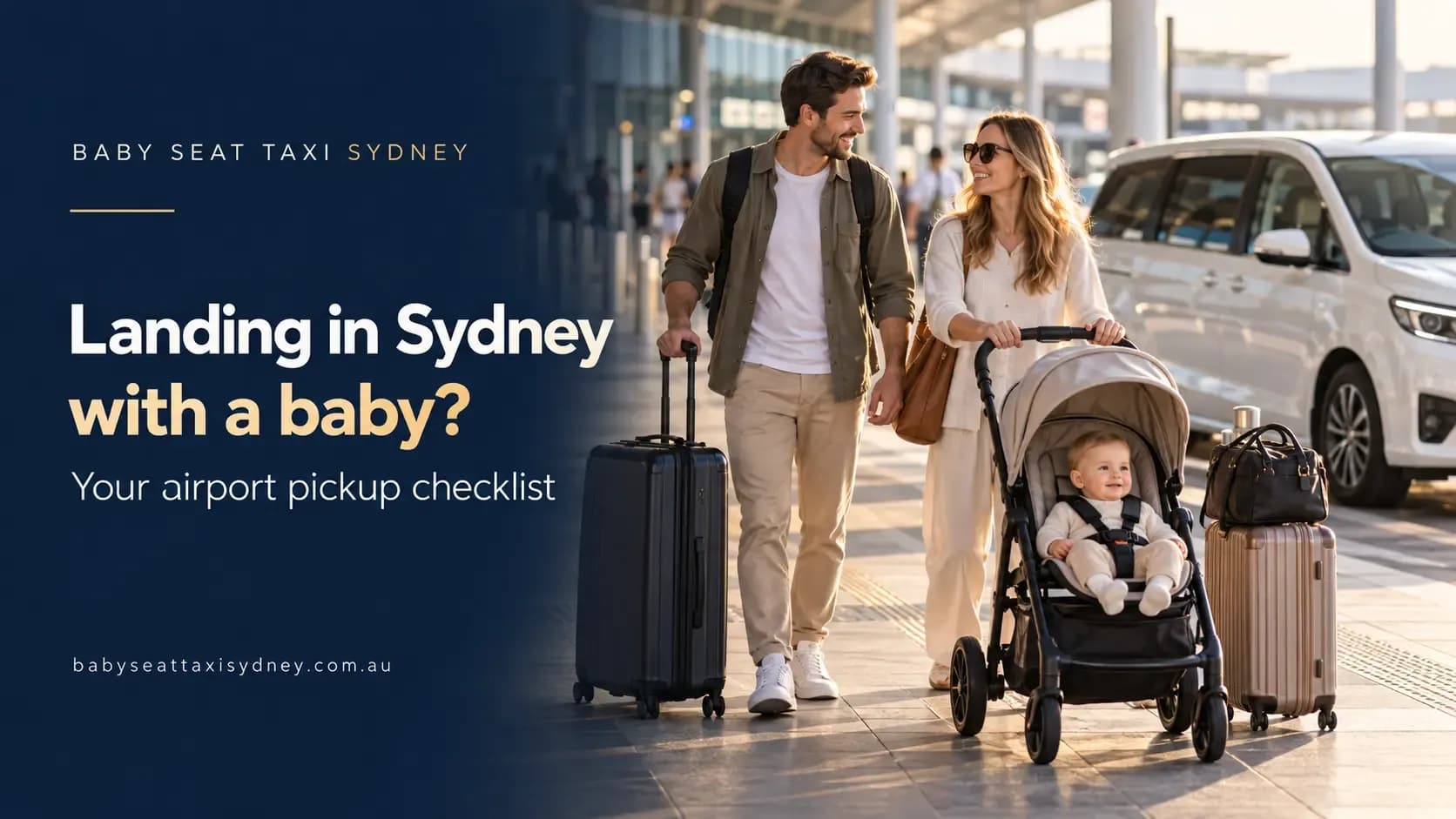 Family with a baby, pram and luggage preparing for their Sydney Airport transfer
